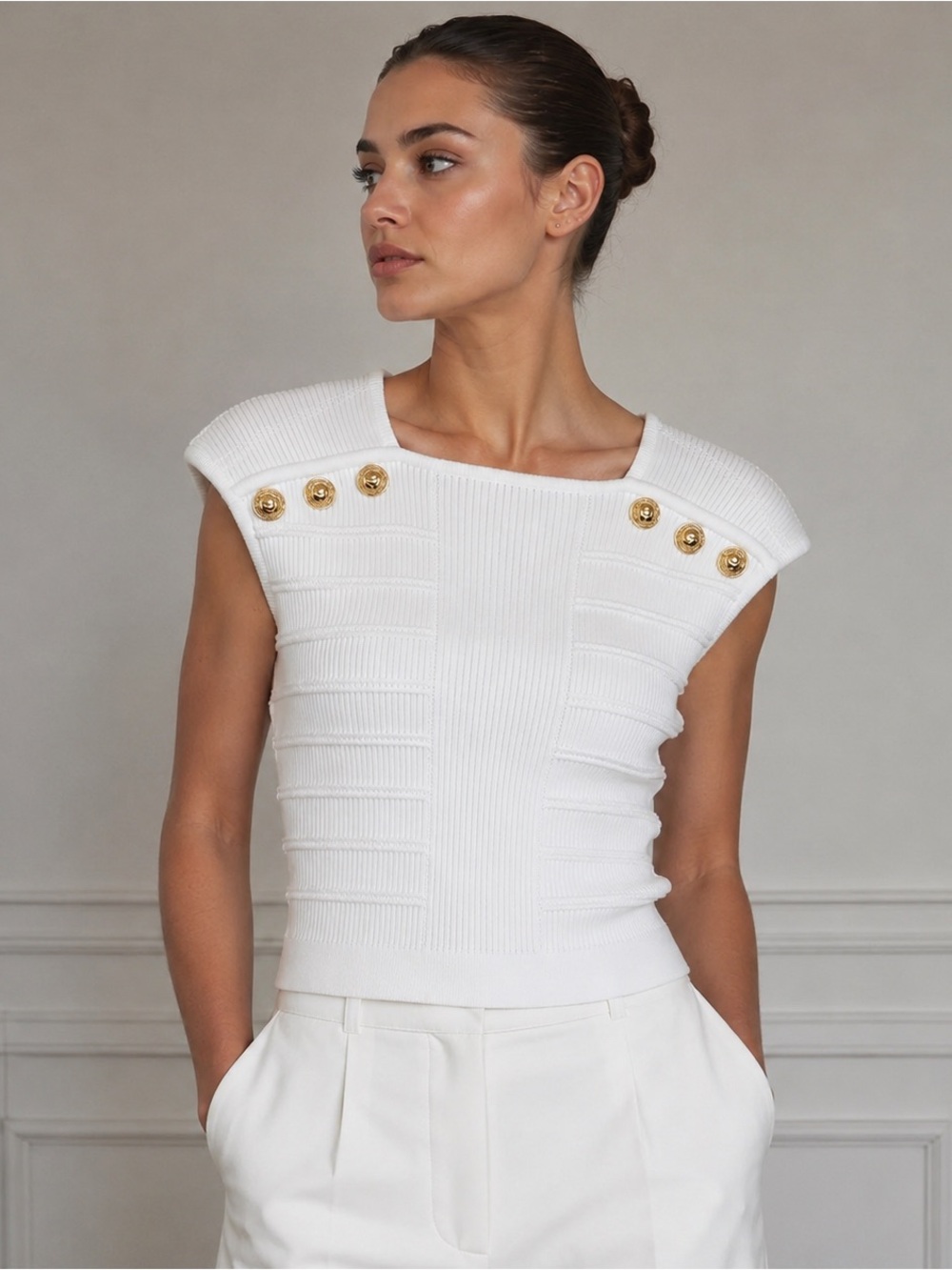 Balmain White Ribbed Knit Top Gold Lion Stud Buttons Size L